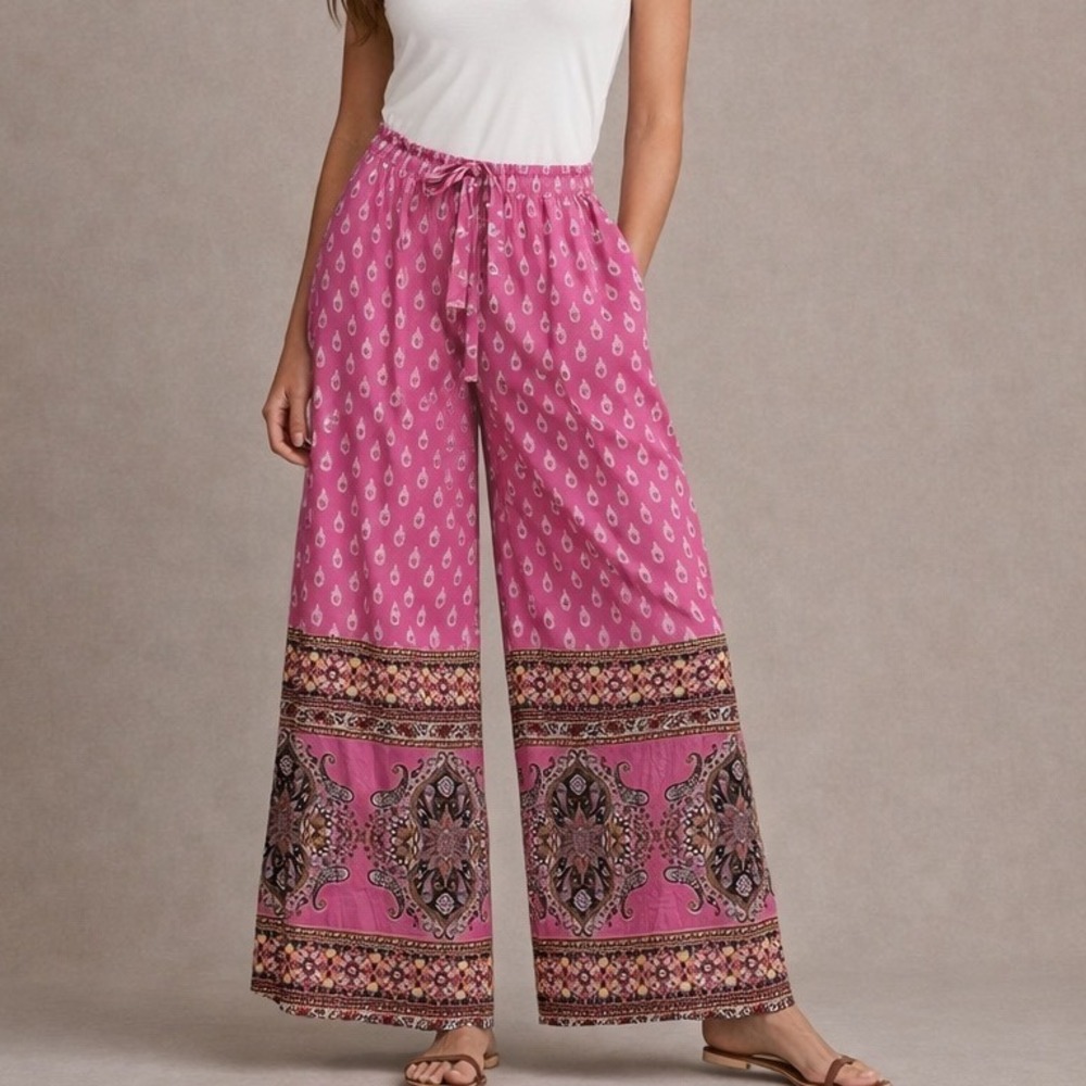 Mi Ami Pink Paisley Boho Palazzo Pants Wide Leg Smocked Waist medium c3